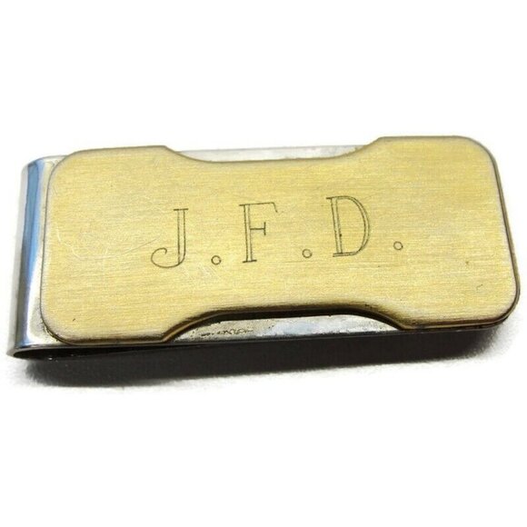 Monogrammed Money Clip Stainless Steel Gold Tone "J.F.D." Card Cash ID Holder - Picture 1 of 6
